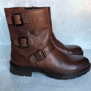 Bootlegger Boots Brown Leather Astra Moto Triple Buckled Side Zippered Size EU40